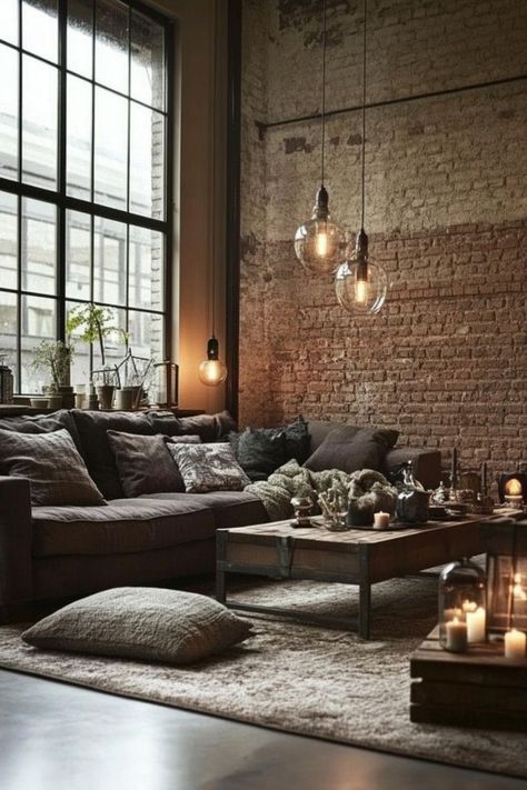 Exposed Brick Walls Living Room, Living Room With Exposed Brick, Exposed Brick Living Room, Cozy Industrial Living Room, Metal Coffee Tables, Brick Wall Living Room, Industrial Living Room Design, Brick Living Room, Industrial Living Room