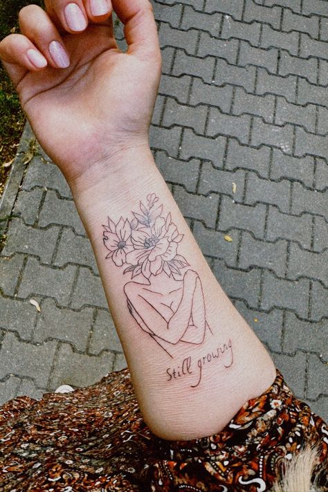 #tattoo #tattooideas #tattoosforwomen #tattoofloral #tattootext Dont Rush Your Growth Its A Natural Process Tattoo, Grow Your Mind Tattoo, Growth And Healing Tattoo Ideas, Self Love With Flowers Tattoo, Tattoo Showing Growth, Self Growing Tattoo, Never Stop Growing Tattoo, Daring Greatly Tattoo, Tattoos Signifying Growth