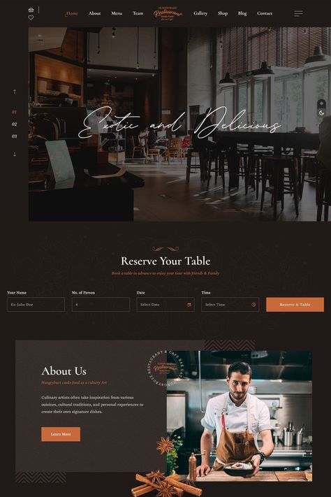 Hungrybuzz is WordPress Theme for Restaurant, Cafe, Seafood, Bakery, Bar, Catering, Food business and for personal Chef portfolio website. It is designed with Unique and clean & modern Look. Chef Portfolio, Restaurant Website Design Inspiration, Bar Website Design, Theme For Restaurant, Catering Website, Restaurant Web Design, Cafe Website Design, Food Website Design, Bar Website