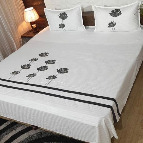 DESIGNER KING SIZE EMBROIDERED PURE COTTON BEDSHEET 👁️ ⬅️Size : 108/108 inches ⬅️Fabric : 100% Cotton ⬅️Set Contains: 1 bedsheet with 2 pillow covers ⬅️Machine Embroidery ⬅️ 300 Thread Count PRICE 1599 free ship Ladies Suit Design, Boutique Style Dresses, Bed Cover Design, Designer Bed Sheets, Embroidered Bedding, Fabric Paint Designs, Hand Painted Fabric, Hand Embroidery Design Patterns, Cotton Set