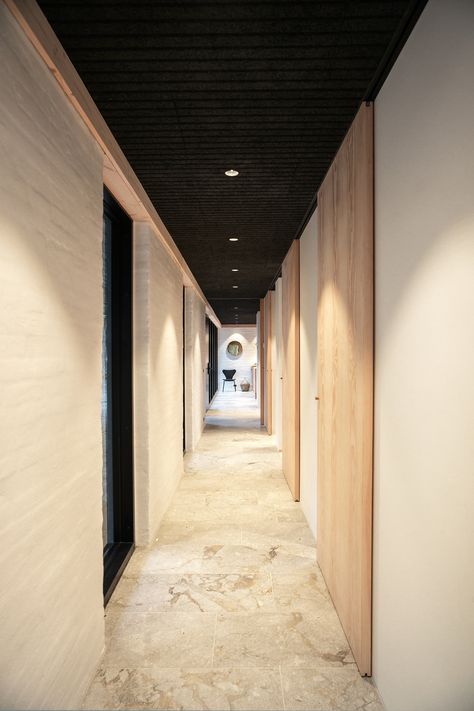 Bruno Jakobsen Design, Dark Ceiling Light Walls, Dark Ceilings, Wood Wool Panels, Acoustics Design, Dark Ceiling, Santo Andre, Corridor Design, Dark Materials