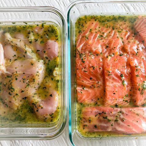 chicken breast and salmon marinating in a bright and zesty citrus marinade. Carribean Fish Marinade, Herb Marinade For Fish, Marinades For Fish, Grilled Fish Marinade, Citrus Marinade For Chicken, Tilapia Marinade, Overnight Chicken Marinade, Mint Marinade, Fish Marinades