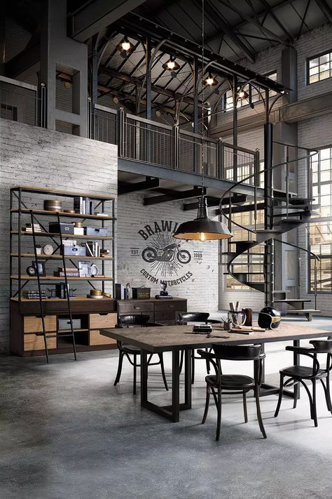 20 Best Ways To Create an Open Floor Plan - Foyr Neo Industrial Loft Design, Exposed Ceilings, Industrial Home Design, Loft Interior Design, Loft Interiors, Industrial Interior Design, Vintage Industrial Furniture, Industrial Interiors, Loft House