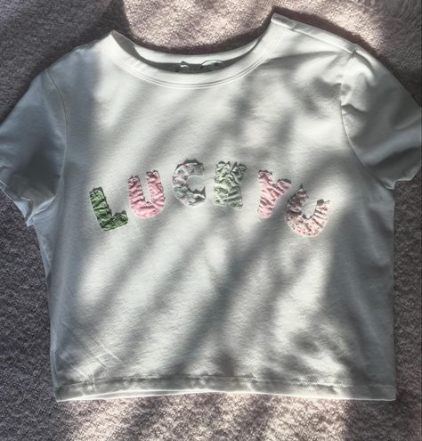 New lucky shirt! Now available on Etsy! Patchwork Tshirt, Outfit Inspo School, Patchwork Tee, Patchwork Clothing, Patchwork Baby, Patchwork Shirt, Lucky Shirt, Baby Tees, Embroidered Hoodie