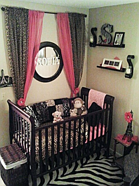 Elegant Safari Theme Y2k Nursery, 2000s Nursery, Diva Room, Rod Curtains, Black Crib, Nursery Color Scheme, Safari Room, Nursery Idea, Curtain Backdrop