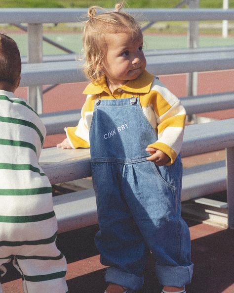 The Mustard Pullover & Denim Overalls is a VIBE ⭐️ Velvet Overalls, Gender Neutral Kids Clothes, Striped Pullover, 90s Inspired, Denim Overalls, Reference Photos, Toddler Fashion, Logo Embroidered