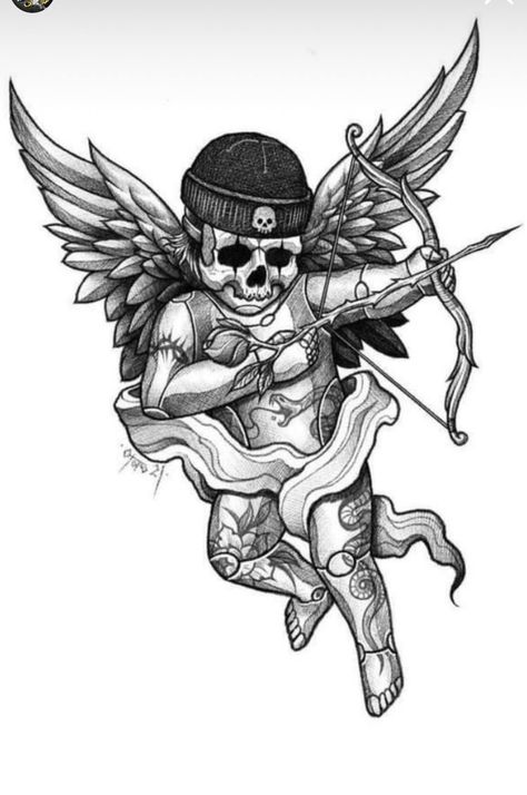 Tattoos Dark Art, Hase Tattoos, Tattoo Homme, Thumb Tattoos, Cupid Tattoo, Cherub Tattoo, Cool Tattoo Drawings, Tattoo Outline Drawing, Cool Tattoo