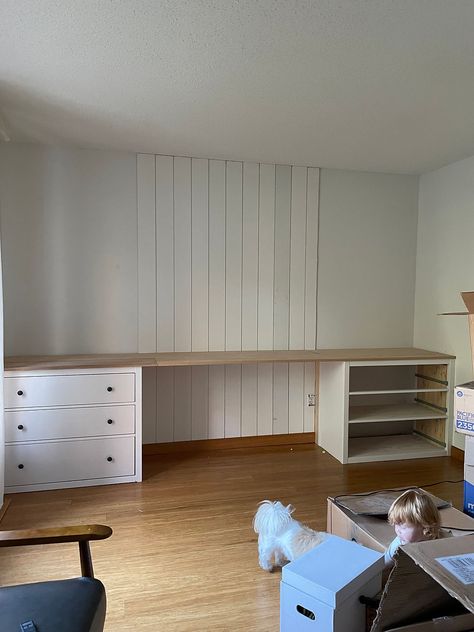 Built In Office, Diy Built In Desk, Alcove Desk, Built In Desk And Shelves, Desk Wall Unit, Diy Office Desk, Ikea Built In, Ikea Office, Basement Furniture