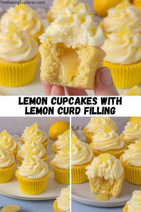 Recipe for Lemon Cupcakes with Lemon Curd Filling, fluffy cupcakes with lemon zest, filled with lemon curd, topped with sweet lemon buttercream, they are lemon heaven and so easy to make too! #thebakingexplorer #lemoncurd #lemoncupcakes #lemonbuttercream #lemoncake Lemon Curd Cupcakes, Cupcakes Lemon, Recipes Cupcakes, Lemon Cupcake Recipe, Cupcake Recipes From Scratch, Recipe With Cream Cheese, Lemon Cupcake, Cupcakes Easy, Cupcake Cream