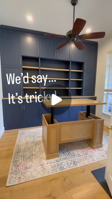 Hill Country Board & Beam on Instagram: "We’ve done it before and we will do it again! Custom Sit/Stand Desks are all the hype right now and we think it’s pretty TRICKY!  For more cool “tricks”, hit that follow button! 😜  Feautured: Custom Office Built-Ins with White Oak Stand Alone Mechanical Sit/Stand Desk // Round Rock, TX   #officegoals #officedesign #homesweethome #homedecor #interiordesign #interior #austinhomes #tricks #woodwork #builtins #cabinetry #atx #austintexas #wooddesign #wood #homerenovation #homeremodeling #design #style #workfromhome #workingmom #worklife #homeoffice #hcbb" Sit Stand Desk Home Office Layout Modern, Sit Stand Desk Home Office Layout Farmhouse, Home Office For Two Standing Desk, Office Built Ins With Doors, Sit Stand Desk Office, Built In L Desk, Hide Standing Desk, Custom Standing Desk, Standing Desk Leg Cover Diy