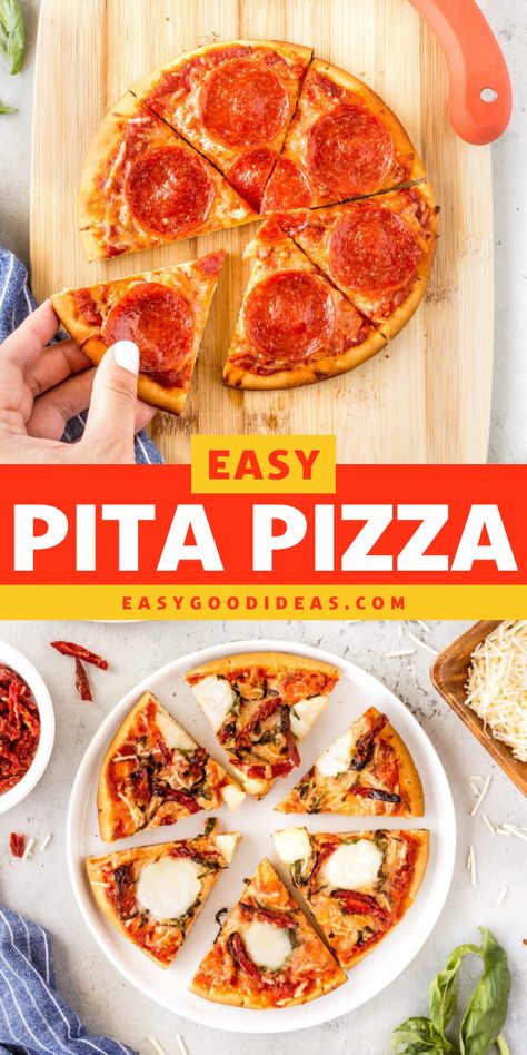 Easy Pita Pizza that can be customized with all of your favorite pizza toppings. When you use prepared pita as the pizza crust, it’s so simple to make mini pizzas. You don’t have to worry about making dough – just add your toppings, bake, and enjoy! Pizza Pita Bread, Pita Pizza Recipes, Italian Chicken And Pasta, Tuna Pate, Quick Snack Ideas, Pita Bread Pizza, Beginners Recipes, Making Dough, Pita Pizza