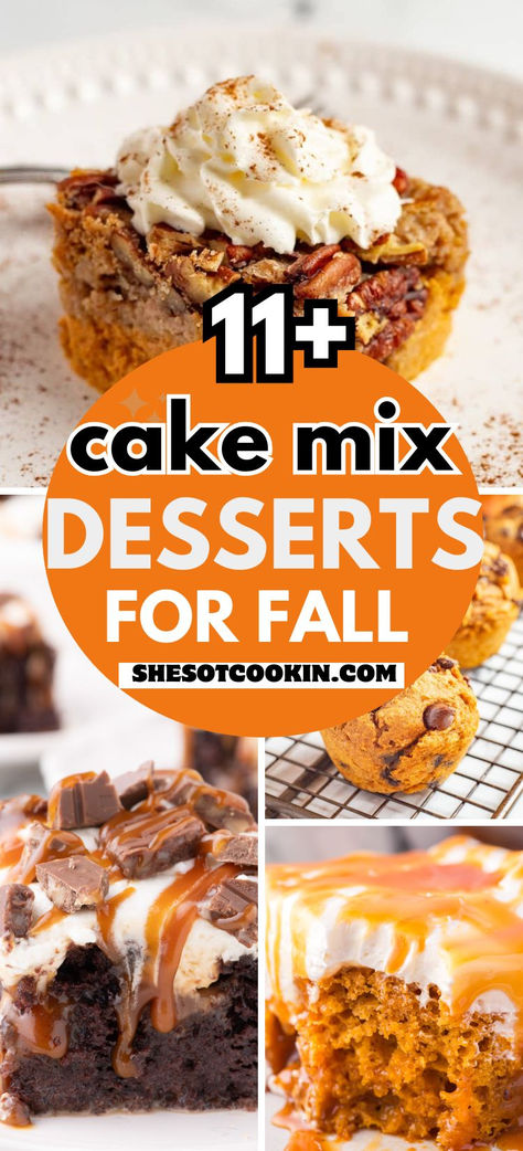 Fall dessert recipes with cake mix photo collage. Family Friendly Desserts, Friday Night Desserts, Easiest Fall Dessert, Fall Simple Desserts, Dessert For Fall Party, Easy Fall Party Desserts, Fall Cake Walk Ideas, Super Easy Fall Desserts, Easy Fall Cake Recipes