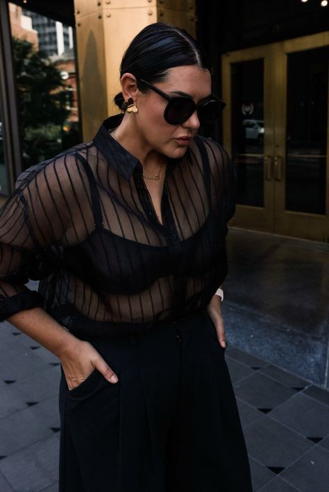 Styling Sheer Shirt, Sheer Button Up Shirt Outfit, Sheer Blouse Outfit Classy, Sheer Button Up Blouse Outfit Black, Sheer Oversized Shirt Outfit, Sheer Black Outfit, Sheer Button Down Outfit, Sheer Black Blouse Outfit, Long Black Seethrough Shirt Outfit