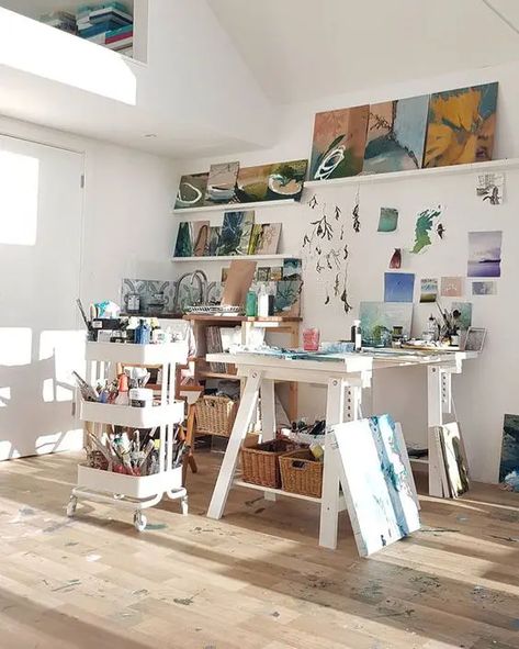 an IKEA cart is a perfect addition to any art studio Modern Art Room Ideas, Desks For Artists, Bedroom For Artist, Small Painting Studio Workspaces, Artist Space Small, Art Studio In Garage, Studio Painting Room, Art Studio Gallery, Dream Art Studio Aesthetic