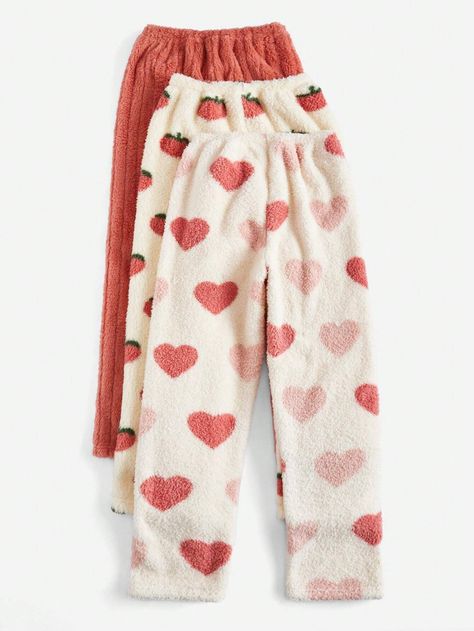 2pcs Strawberry Print Flannel Sleep Pants | SHEIN USA Strawberry Pyjamas, Plush Pajama Pants, Heart Fruit, Pinterest Wardrobe, Warm Pajamas, Cute Pjs, Grunge Outfit, Cute Sleepwear, Cute Pajama Sets