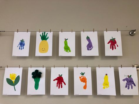 Handprint and footprint fruit and vegetables Fruit And Vegetable Art Preschool, Veggie Preschool Craft, Fruit And Veggie Art Preschool, Fruits And Vegetables Arts And Crafts, Handprint Fruits And Vegetables, Vegetable Footprint Art, Vegetable Handprint Crafts, Garden Handprint Art, Kindergarten Fruits And Vegetables