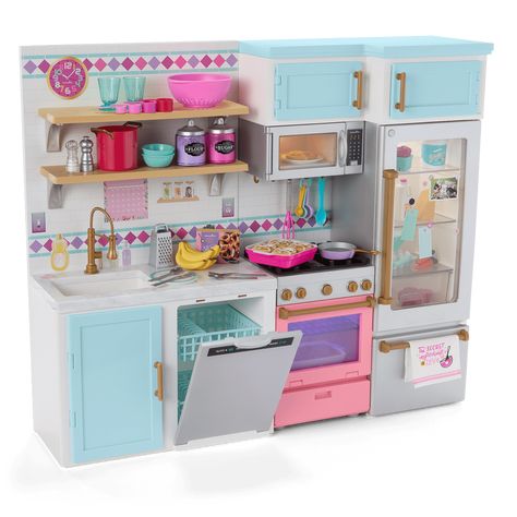 This American Girl® Gourmet Kitchen for 18-inch Dolls features two arrangeable structures, kitchen appliances, and assorted groceries & kitchen accessories. Barbie Doll Food, American Doll Accessories, Toy City, Barbie Bathroom, Toy Kitchens, Hello Kitty Room Decor, American Girl Doll Food, Stitch Backpack, Kids Toy Shop