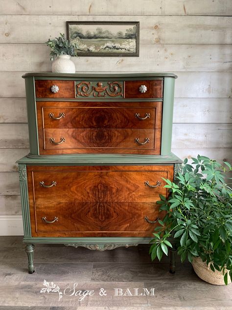 "THIS ITEM HAS SOLD & REMAINS IN SHOP AS A PORTFOLIO PIECE  This stunning multi-tone, bayberry green tallboy dresser is an antique gem!  Hand-painted solid wood and refinished with love to suit many different home or office spaces!  Versatile piece is great for storage of many different items like craft supplies, linens, clothing, or office materials.  A gorgeous statement piece in any space! FEATURES & DIMENSIONS: >>  40 Inches Wide  X  20 Inches Deep (at deepest point)  X  50.5 Inches High >> Emerald Painted Furniture, Natural Wood And Painted Dresser, Antique Green Dresser, Partially Painted Furniture, Vintage Dresser Painted, Dark Green And Wood Dresser, Green And Natural Wood Dresser, Cottagecore Dresser Furniture, Paint And Stain Combinations Furniture