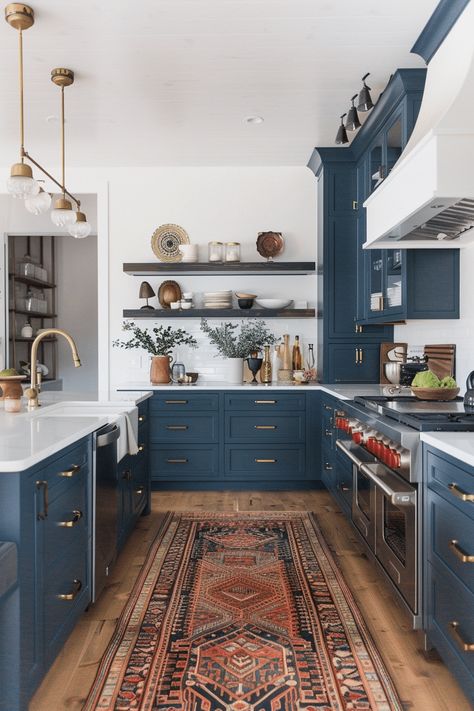 60+ Vibrant Kitchens With Blue Cabinets Modern Hacienda Kitchen, Kitchen Navy Blue, Blue Cabinet, Old World Kitchens, Cabinets Makeover, Wash Room, Blue Kitchen Cabinets, Bohemian Kitchen, Kitchen Organisation