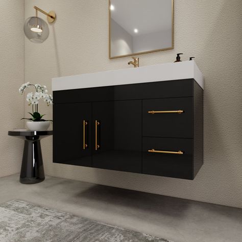 48” Bathroom Vanities, Black And Gold Bathroom, Black Vanity Bathroom, Bathroom Vanity Designs, Gray Vanity, Stone Bathroom, Black Vanity, Vanity Design, Double Vanity Bathroom