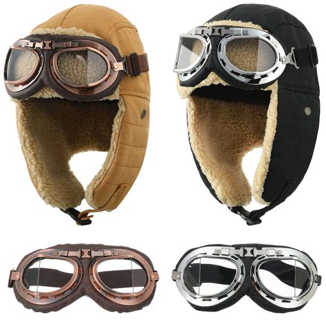 PRICES MAY VARY. What You Get: you will receive 2 sets of winter trapper hats with goggle in 2 colors, each comes with a pair of goggles; A total of 2 sets can keep you warm throughout the winter, and adds a vintage touch to your style Design Detail: the fur hat with ear flaps is made of cotton shell and the inside is soft and warm faux fur material, the buckles at the bottom of hats and the ear flaps are designed to avoid wind from coming into your neck for staying warmer Vintage Helmet Goggles Flight Goggles, Pilot Hat, Hat With Ear Flaps, Analog Horror, Vintage Helmet, Funky Hats, Character Clothing, Faux Fur Material, Faux Fur Hat