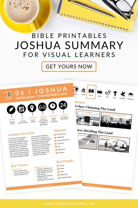 Understand the Bible book of Joshua with this printable visual outline. These Bible study cheat sheets include info on context, structure, themes, key verses, and more. If you're a visual learner Christian looking for summaries of the books of the Bible, look no more. Each outline aims to highlight the key aspects to help you see the big picture so you don't get overwhelmed with the details. Grab yours or go check out the bundles that are available by following the link to the store. #BibleStudy Bible Summary, Book Of Joshua, The Books Of The Bible, Visual Learner, Inductive Bible Study, Bible Dictionary, Bible Book, Bible Printables, Understanding The Bible