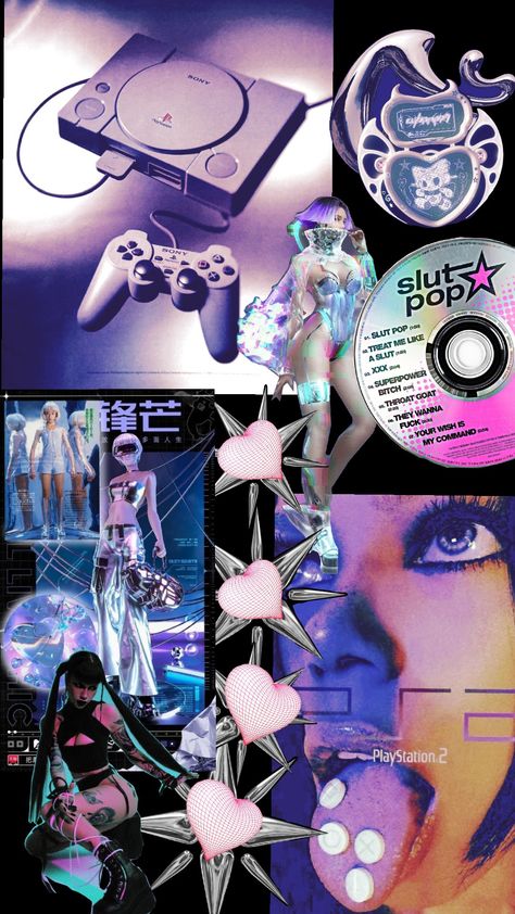 ps2 cyberwave gamer girl theme #y2k #hyperpop #vaporwave #tech #nostalgia #ps2 #gamergirl #playstation #videogames #cyberpunk #darkmoodboard  Step into the Future: Exploring Digital Collage in Y2K Tech 🚀 Dive into Nostalgia with Y2K Tech-Inspired Digital Collage Art ✨ Unleash Your Creativity: Discovering the Magic of Digital Collage in Y2K Tech 💻 Y2k Video Game Aesthetic, Retro Futurism Y2k, Cyberpunk Y2k Aesthetic, Ps2 Aesthetic Wallpaper, Y2k Video Games, Playstation 2 Aesthetic, Future Nostalgia Aesthetic, Y2k Hyperpop, Ps2 Wallpaper