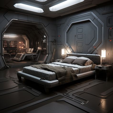 Sci Fi Bunker Interior, Sci Fi Building Interior, Sci Fi Apartment Interior, Futuristic Room Sci Fi Interior Design, Cozy Futuristic Bedroom, Futuristic Dorm Room, Sci-fi Room, Sci Fi Bedroom Concept Art, Fantasy Bedroom Concept Art