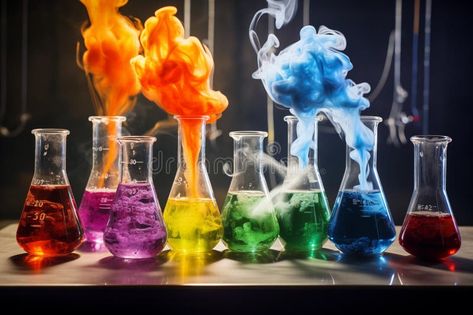 Colorful chemical reactions occurring in glass beakers. Generative AI stock image Chemical Reaction, Beakers, Chemical Reactions, Fairy Angel, Graphic Designs, Biology, Chemistry, The Beauty, Phone Wallpaper