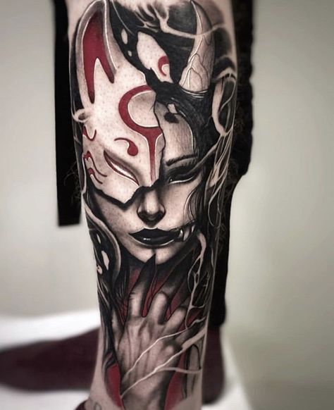 Geisha Kitsune Tattoo, Japanese Tattoo Art Geisha, Kitsune Tattoo, Tato Realis, Samurai Tattoo Sleeve, Chest Tattoo Drawings, Geisha Tattoo Design, Hannya Mask Tattoo, Cyberpunk Tattoo