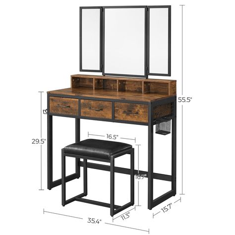 Industrial Style Desk, Dresser Table, Mirror Stool, Trifold Mirror, Dressing Table Desk, Vanity Table Set, Hair Dryer Holder, Upholstered Stool, Leather Stool