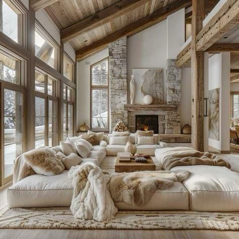 Light Cabin Interior, French Mountain Home, Large Couch Living Room, Chalet Living Room, Chalet Modern, Chalet Interior Design, Mountain Home Interiors, Chalet Interior, Chalet Design