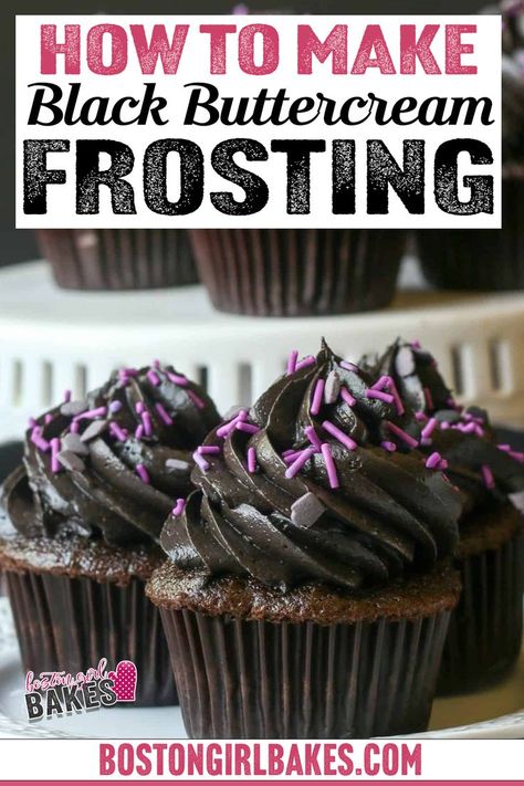 Black Buttercream Frosting, Best Buttercream Icing, Halloween Icing, Chocolate Icing Recipes, Black Buttercream, Halloween Cakes Easy, Black Icing, Black Frosting, Black Cupcakes