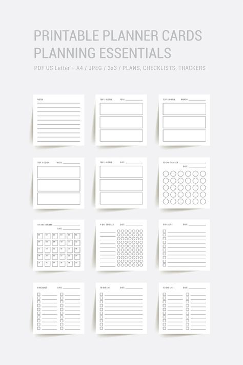 Planning Essentials 3x3 Printable Journal & Planner Cards | Etsy Note Hacks, Minimal Journaling, Happy Job, Planners Printables, A5 Planner Printables, Planner Cards, Minimal Planner, Weekly Planner Free, Unique Planner