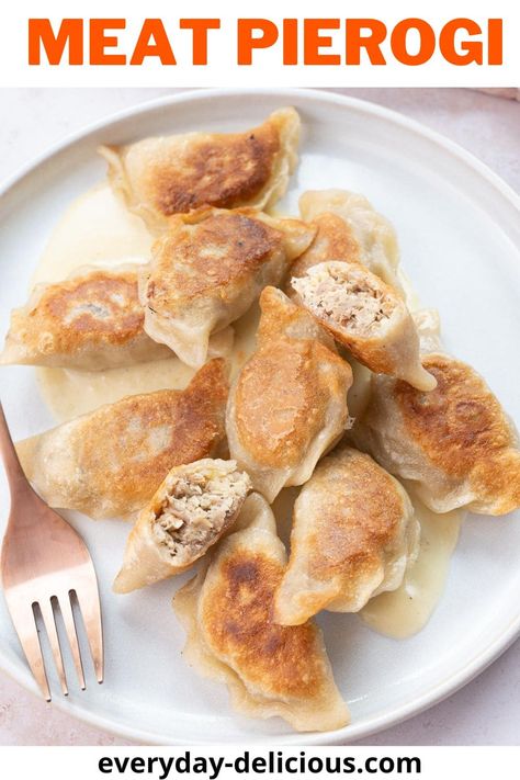 Meat Pierogi - Everyday Delicious Pierogi Sauce, Pierogi Filling, Polish Dishes, Perogies Recipe, Pierogi Recipe, Bacon Stuffed Mushrooms, Polish Food, Creamy Mushroom Sauce, Sweet Butter