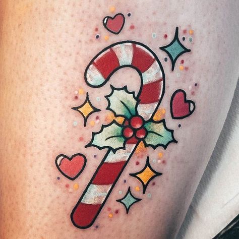 Christmas Tattoo Drawings, Christmas Tattoo Holiday, American Traditional Christmas, Candy Cane Tattoo, Small Christmas Tattoos, Christmas Tattoos For Women, Xmas Tattoo, Christmas Tattoos, Winter Tattoo