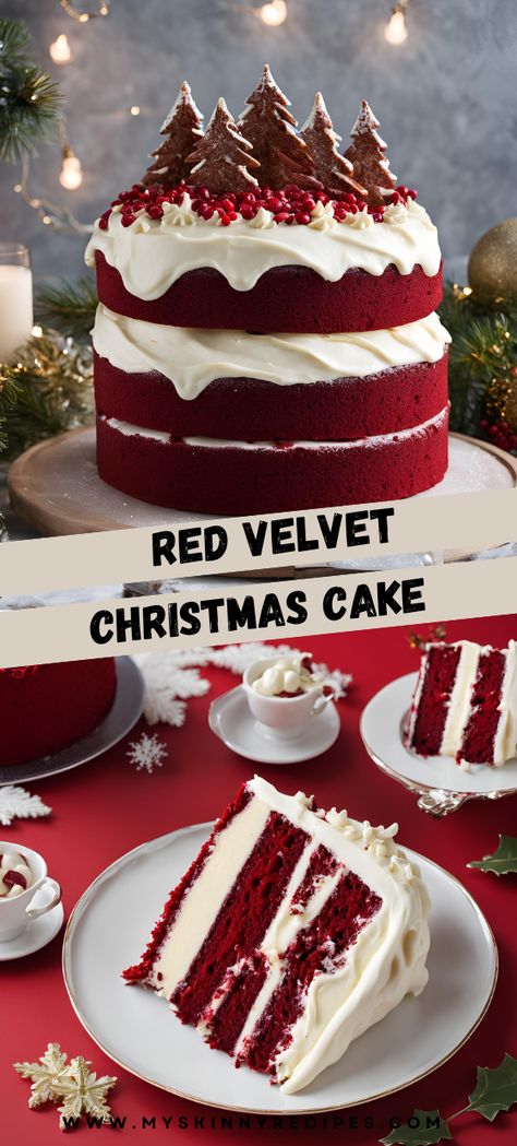 Celebrate the holidays with this stunning Red Velvet Christmas Cake! 🎄🍰 Topped with creamy cream cheese frosting and festive decorations, it's the perfect holiday dessert. #RedVelvetCake #ChristmasBaking #HolidayDesserts #myskinnyrecipes Red Velvet Cake For Christmas, Christmas Cake Ideas 2024, Christmas Cake Red Velvet, Christmas Red Velvet Cake Decorations, Red Christmas Cake Ideas, Red Velvet Cake Christmas, Red Velvet Wreath Cake, Red Velvet Cake Decoration Ideas, Christmas Red Velvet Cake