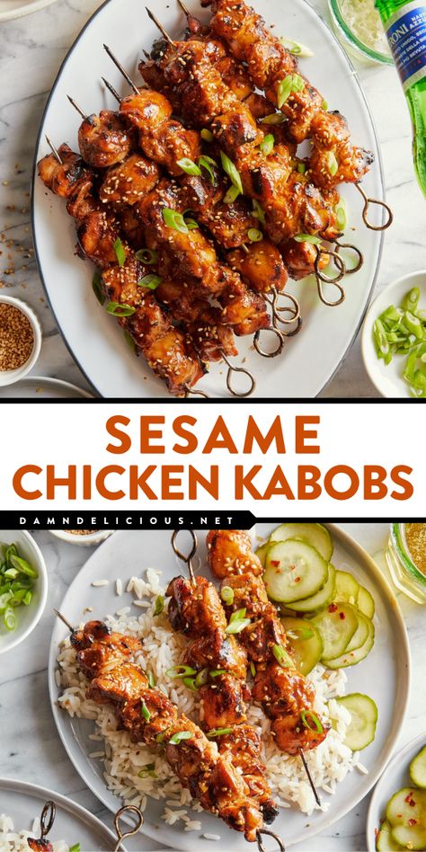 Here's an easy dinner idea featuring the most flavorful marinade for chicken kabobs! This Asian chicken recipe is a meat main dish you can prep ahead. Sweet, savory, and sticky, these grilled sesame chicken kabobs are just perfect! Grilled Chicken Kabobs, Marinated Cucumbers, Sticky Chicken, Kabob Recipes, Chicken Kabobs, Sesame Chicken, Chicken Skewers, Best Chicken Recipes, Chicken Dinner Recipes