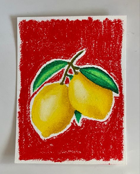 Lemon Oil Pastel Drawing, Lemon Pastel Drawing, Cherry Oil Pastel, Fruit Pastel Drawing, Oil Pastel Art Food, Oil Pastel Lemon, Oil Pastel Fruit Drawings, Oil Crayon Art Ideas, Oil Pastel Doodles