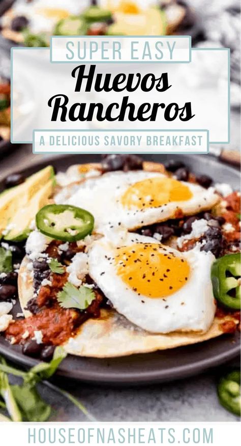 Huevos Rancheros is a classic Mexican breakfast that will leave you more than satisfied. Crisp corn tortillas, topped with a bed of black beans, a fried egg, homemade ranchero sauce, and delicious toppings. This recipe is a savory breakfast dream! | huevos rancheros recipe mexican | huevos rancheros recipe authentic | huevos rancheros breakfast | huevos rancheros recipe breakfast Hue Is Rancheros Recipe, Juavoes Rancheros, Hue Is Rancheros, Huevos Rancheros Skillet, Huevos Ranchero, Ranchero Sauce, Huevos Rancheros Recipe, College Recipes, Cleaner Eating