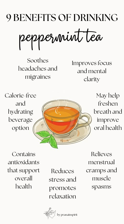 9 benefits of drinking peppermint tea  #tea #pepperminttea #teabenefits #healthandwellness #healthyrecipes #pumpkinspice #pumpkinspicelatte #autumnrecipes #autumndrinks #warmdrinks #cozydrink #healthydrink Benefits Of Peppermint Tea Before Bed, Peppermint Tea Benefits At Night, Teas Benefit, Benefits Of Peppermint Tea, Spearmint Tea Benefits, Tea Infographic, Wellness Entrepreneur, Peppermint Tea Benefits, Tea Magic