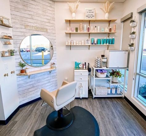 Beach Salon Ideas, Hair Stylist Booth Decor, Shiplap Salon Wall, Keys To Salon Goals, Zen Salon Interior Design, Small In Home Salon, Hairstylist Station Decor, At Home Hair Studio, Hair Salon Booth Decor