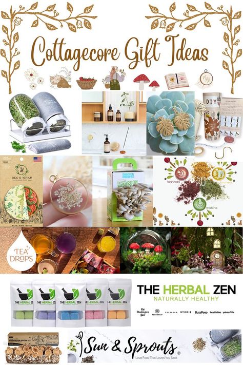 Looking for unique gift ideas at the last minute? Check out these recommendation curated for cottagecore girlies. This list includes sustainable products from small businesses many of which are handmade. Grow your own mushrooms, sprouts, microgreens, make a fairy garden, make hand crafted tea and lattes, and much more. All curated gifts from small businesses in the USA Gifts For Mushroom Lovers, Cottagecore Gifts Ideas, Small Business Ideas For Women Products, Cottagecore Gift Ideas, Cottagecore Diys, Mushroom Gift Ideas, Cottagecore Friends, Cottage Core Gifts, Forest Gift Ideas