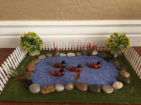 Pond Diorama Landform Diorama, Pond Diorama, Ecosystem Diorama, Diy Golu Dolls, Diaroma Ideas, Landform Projects, Pond Diy, Diorama Kids, Bommala Koluvu