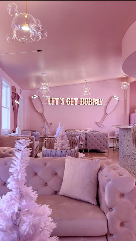 the girls are gonna lovvveeee this 💕😭✨🥂 📍 @brookes.bubble.bar in Fredericksburg, TX This is the most iconic and new spot on Main Street—… | Instagram Girly Airbnb, Girly Bar, Party Rooms, Bubble Bar, White Patio, Pink Bar, Girly Pop, You Name It, Divine Guidance