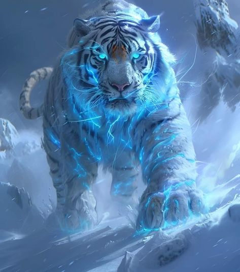 Lightning Tiger, Glowing Blue Eyes, Tiger Artwork, Magical Horses, Mythical Creatures Fantasy, Skeleton Illustration, Spirit Animal Art, Tiger Pictures, Snake Art