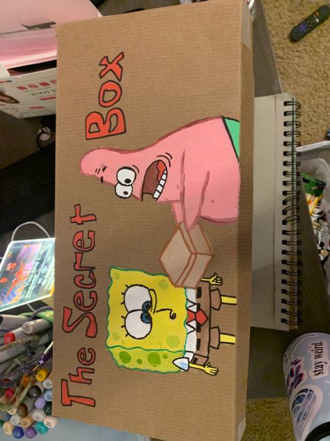 Spongebob Box Diy, Spongebob Care Package, Spongebob Box Gift, Spongebob Themed Gifts, Spongebob Gift Box Ideas, Spongebob Birthday Gift Ideas, Spongebob Valentine Box Ideas, Spongebob Secret Box Diy, Secret Box Spongebob