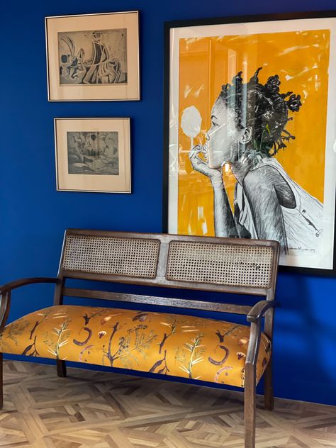 Yellow And Blue Entryway, Cobalt Blue Room Ideas, Ochre And Blue Bedroom, Bold Colour Interior, Cobalt Blue Home Decor, Cobalt Blue Painting, Cobalt Blue Interior Design, Cobalt Blue Color Scheme, Cobalt Blue Palette