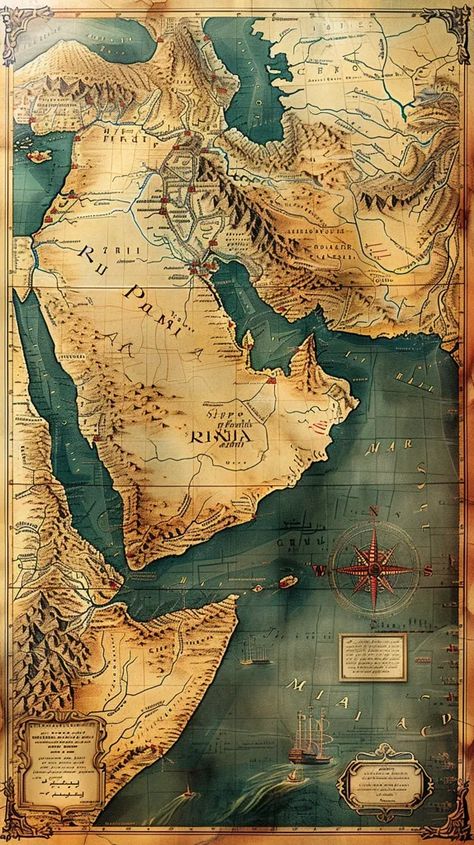 The image shows an old map of the world, centered on the Red Sea and the Arabian Peninsula. The map is surrounded by decorative elements ->> more details in ai-img-gen.com Old Map Of The World, Jumma Mubarak Beautiful Images, Arabian Peninsula, The Red Sea, Map Of The World, Old World Maps, Old Maps, Jumma Mubarak, Old Map