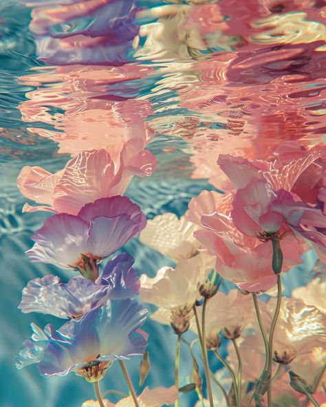 Flowing Water Aesthetic, Flower Petals In Water, Flowers Floating In Water, Petals In Water, Flowers Underwater, Sea Moodboard, God Of Healing, Underwater Flowers, Wet Flowers